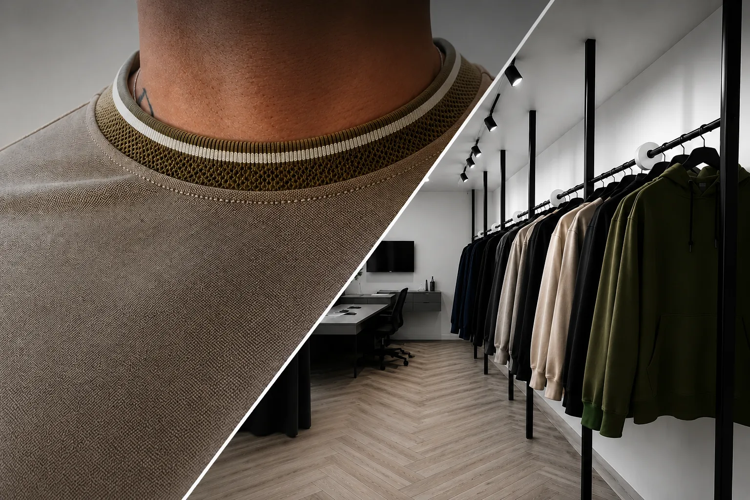 Detalle de una prenda y showroom Kalif